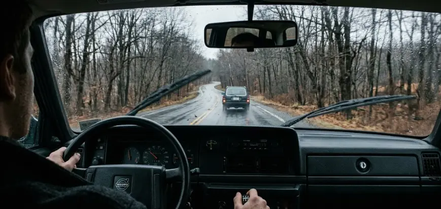 View from inside a car driving on a quiet wet road through bare trees in autumn