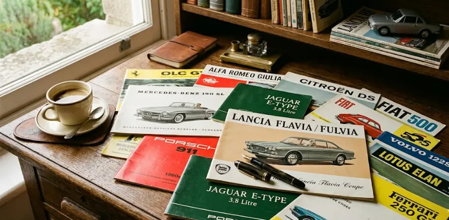 Vintage automotive brochures spread on a wooden desk with fountain pen and coffee, natural window light