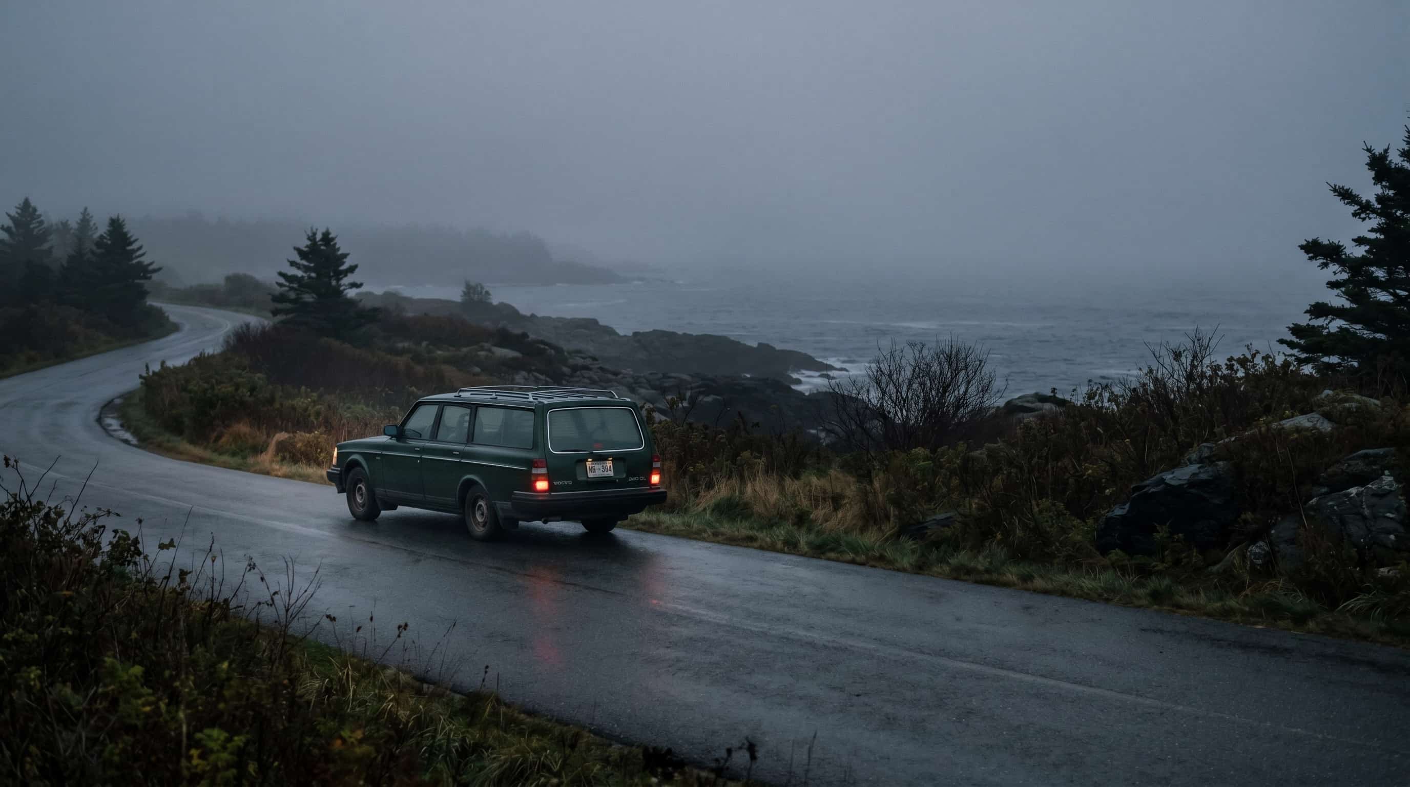 Dark green Volvo 240 wagon parked on a foggy New England coastal road, taillights glowing