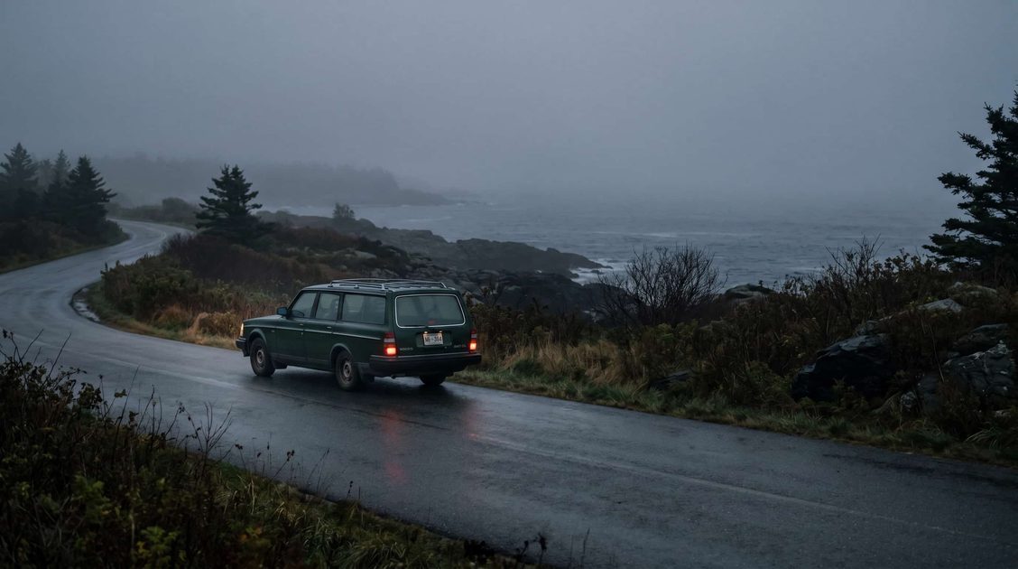 Dark green Volvo 240 wagon parked on a foggy New England coastal road, taillights glowing