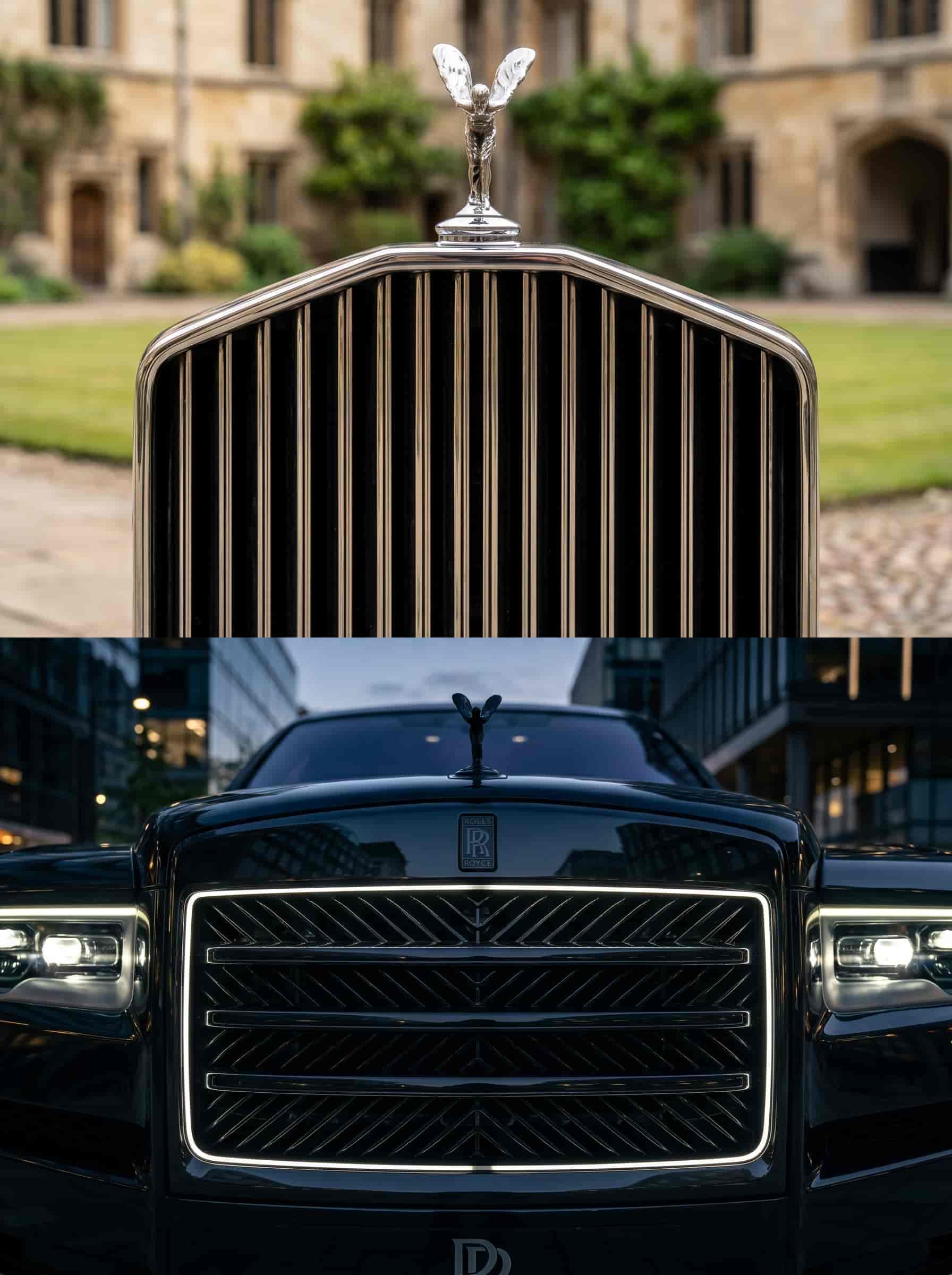 Restraint vs. noise – the grille as a measure of confidence Split image comparing restrained 1960s Rolls-Royce Silver Shadow grille with modern oversized illuminated luxury SUV grille