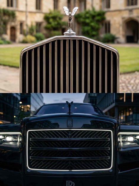 Split image comparing restrained 1960s Rolls-Royce Silver Shadow grille with modern oversized illuminated luxury SUV grille