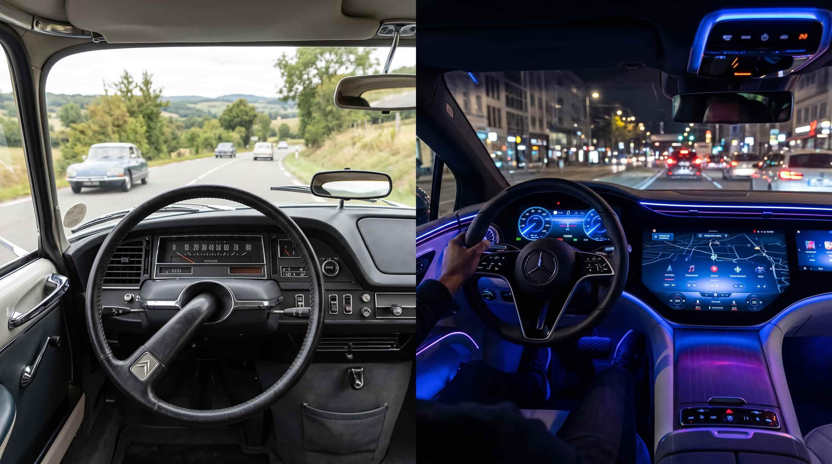 Old versus modern cabin design – view and distraction compared Split image comparing the low dashboard of a 1970s Citroën DS with a modern hyper-screened EV interior