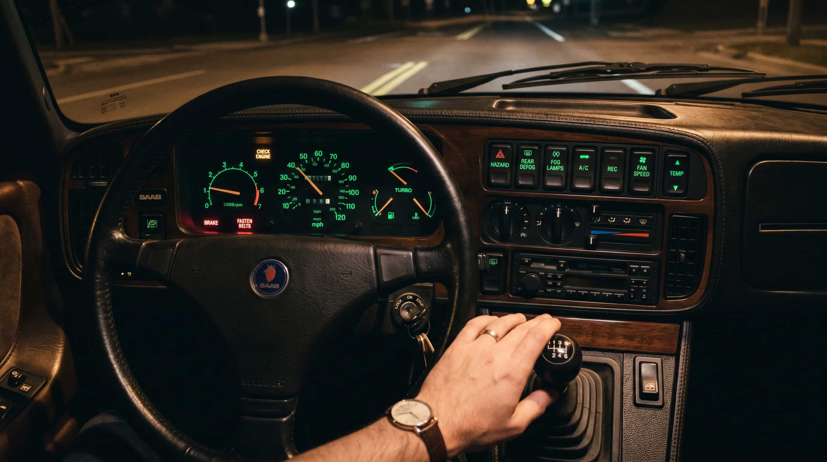 The discipline of shadow – Saab 900 cockpit Close-up of Saab 900 dashboard at night with green-lit gauges and ignition between seats