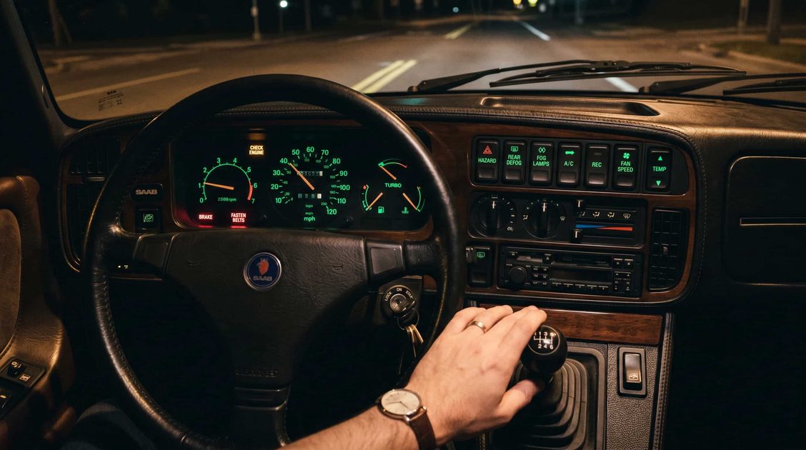Close-up of Saab 900 dashboard at night with green-lit gauges and ignition between seats