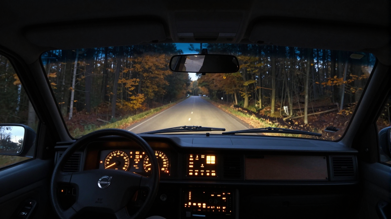 A quieting cabin – Volvo 240 at night Driver's view of a Volvo 240 interior at night with amber-lit instruments and a tree-lined road ahead