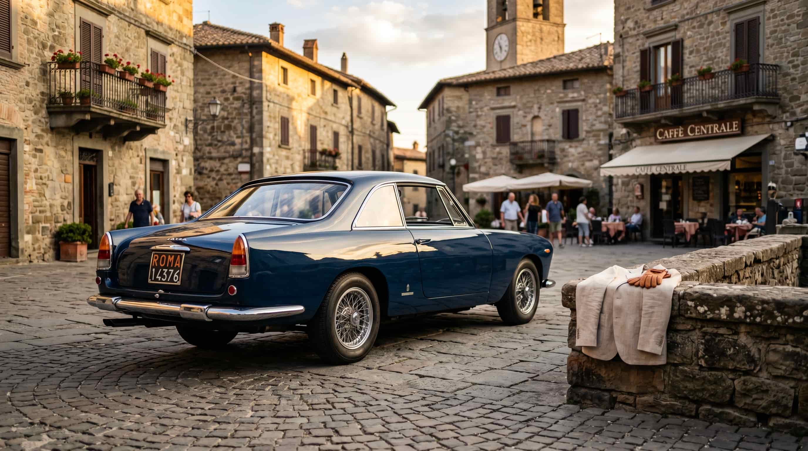 Harmony – when the car and the owner dress for each other Lancia Flaminia coupe parked in Italian village square with driving gloves and linen jacket on a wall