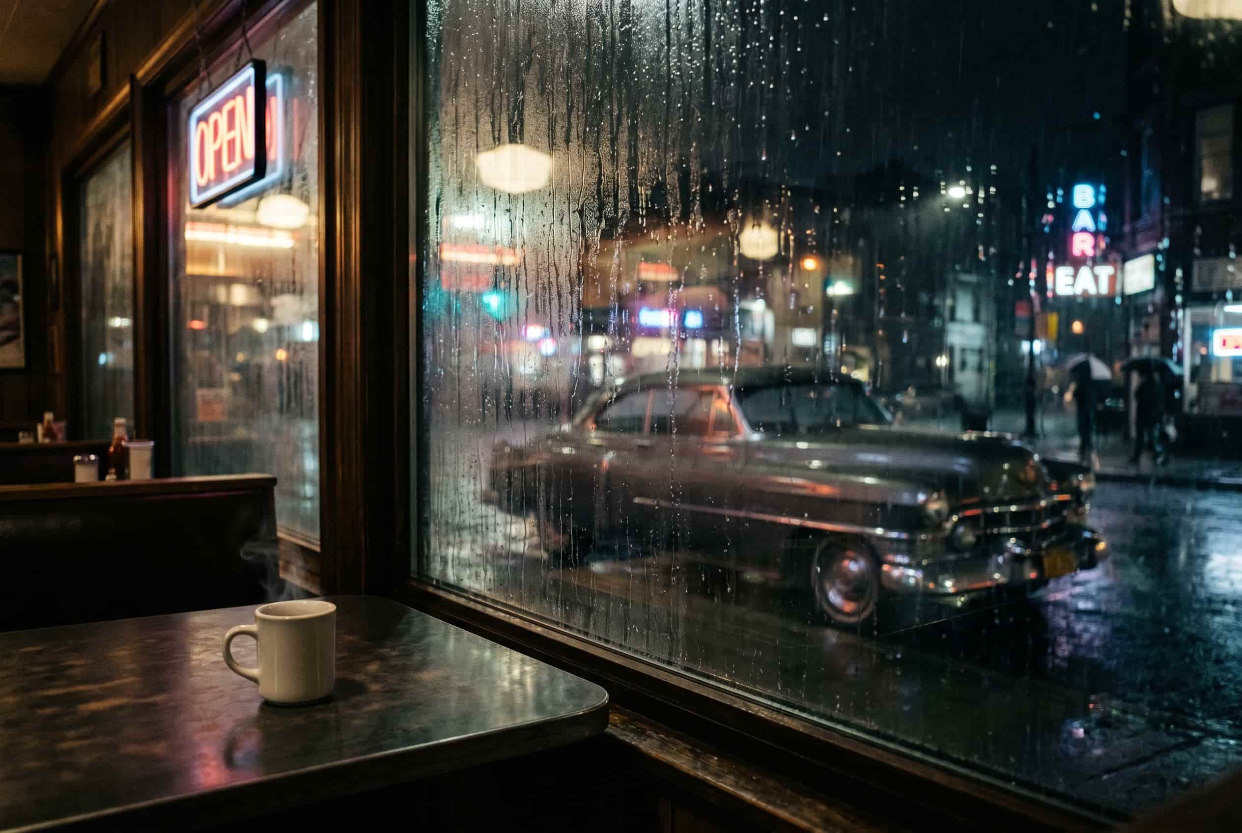 Watching and waiting – the unseen automobile Night view through a rain-streaked diner window of a 1950s coupe parked across the street, coffee cup in foreground