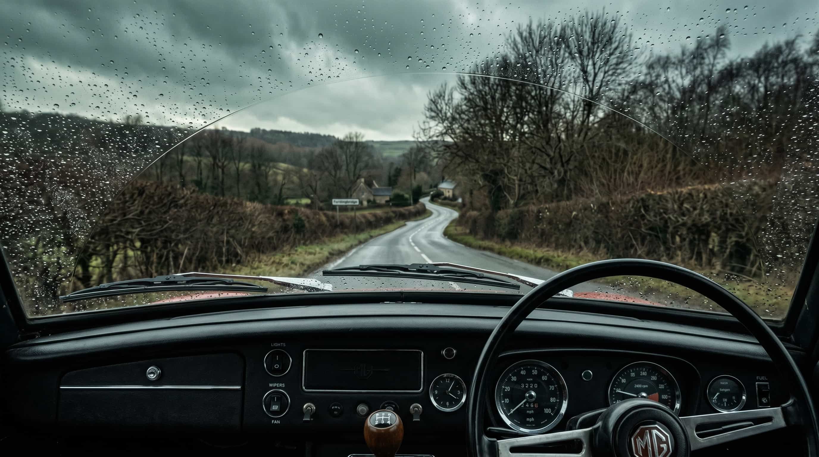 The windshield as canvas – driving in rain Driver's view through a rain-beaded windshield with analog dashboard visible, narrow country road in autumn rain