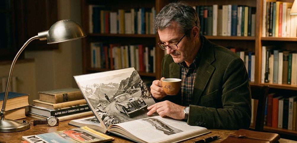 Private desire – slow looking and the unshareable want Man in fifties at wooden desk studying black-and-white photograph of Lancia Aurelia in an old book, warm lamplight, no screens