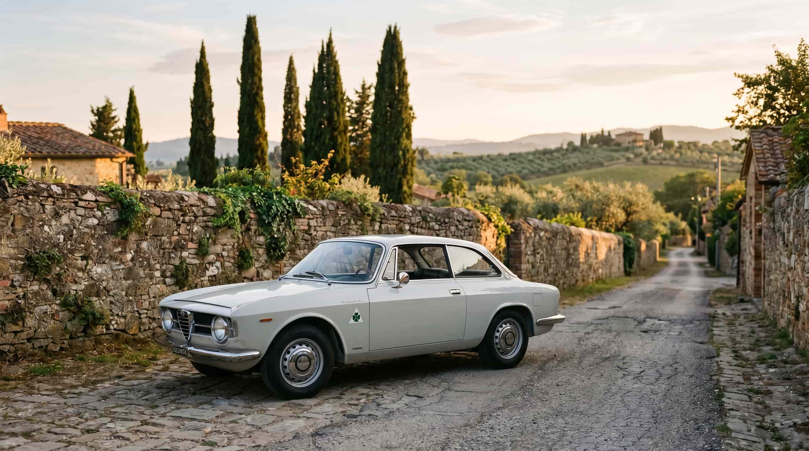 Taste does not declare itself – Alfa Romeo Giulia Sprint GT 1967 Alfa Romeo Giulia Sprint GT Veloce in light gray on a quiet Tuscan lane with cypress trees