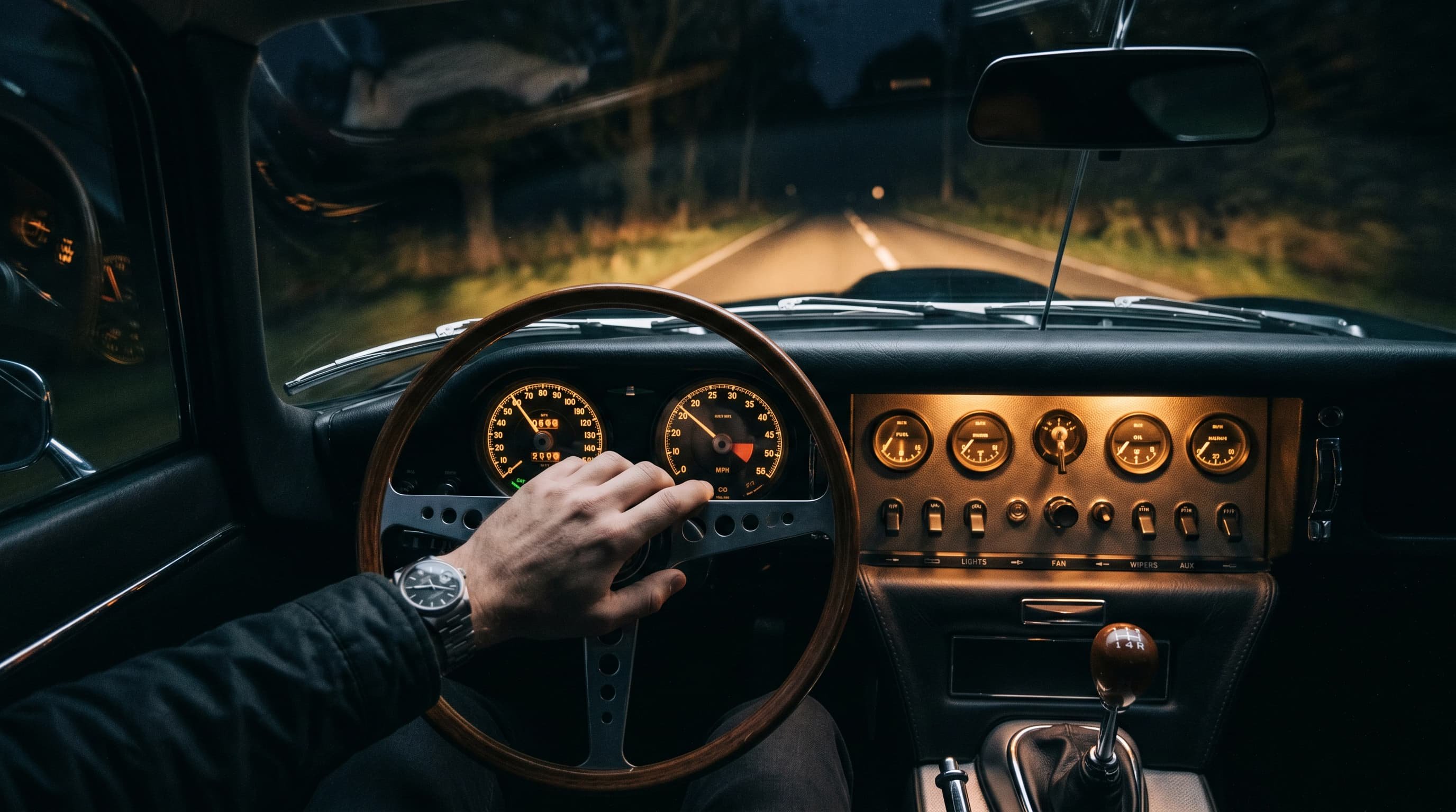 Driver's view of an all-analog dashboard at night with round gauges, toggle switches, and a metal gear lever, dark road ahead

