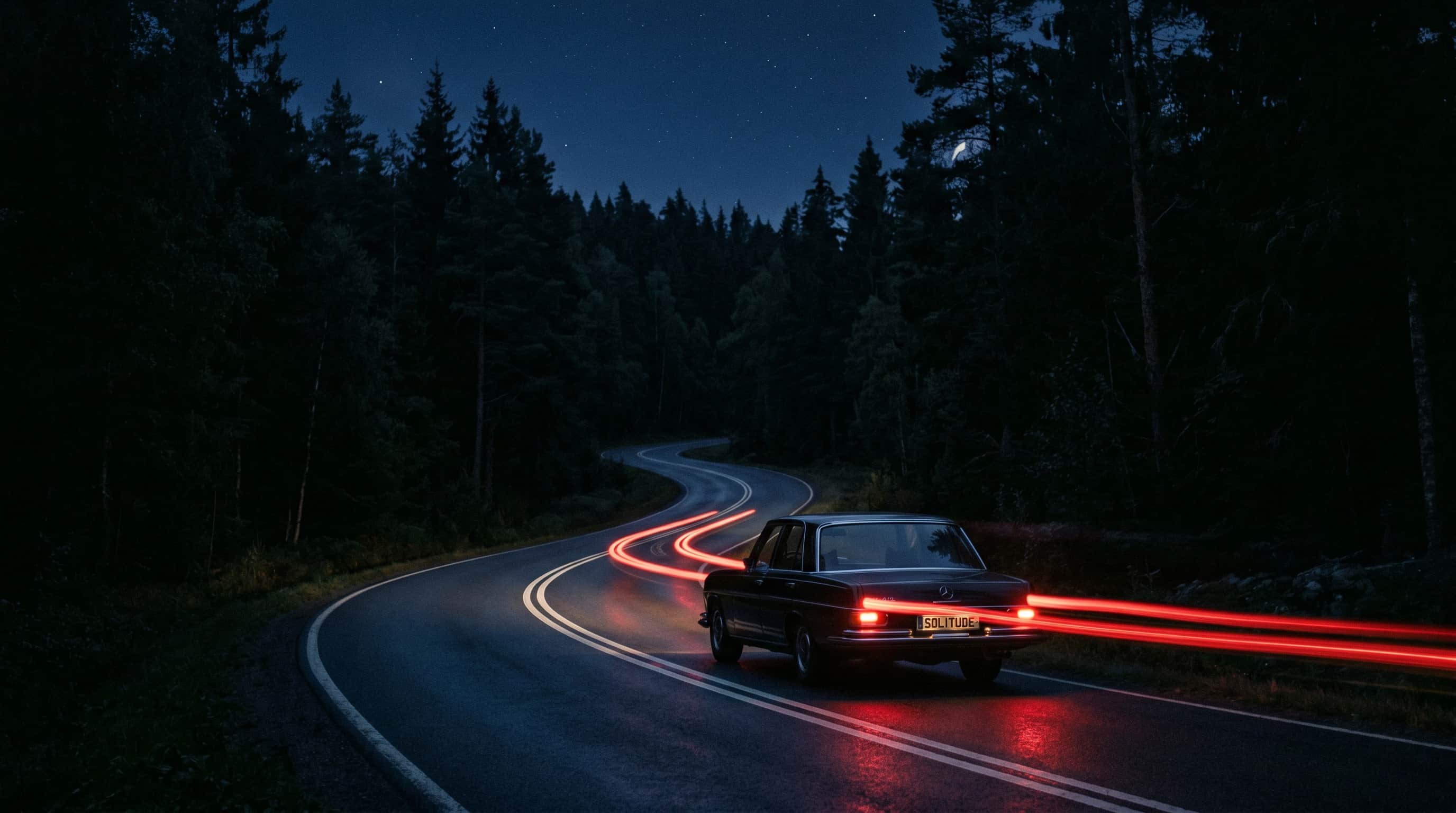Solitude protected – the road at night Rear view of a car driving away on a dark winding road with taillight trail, starry sky