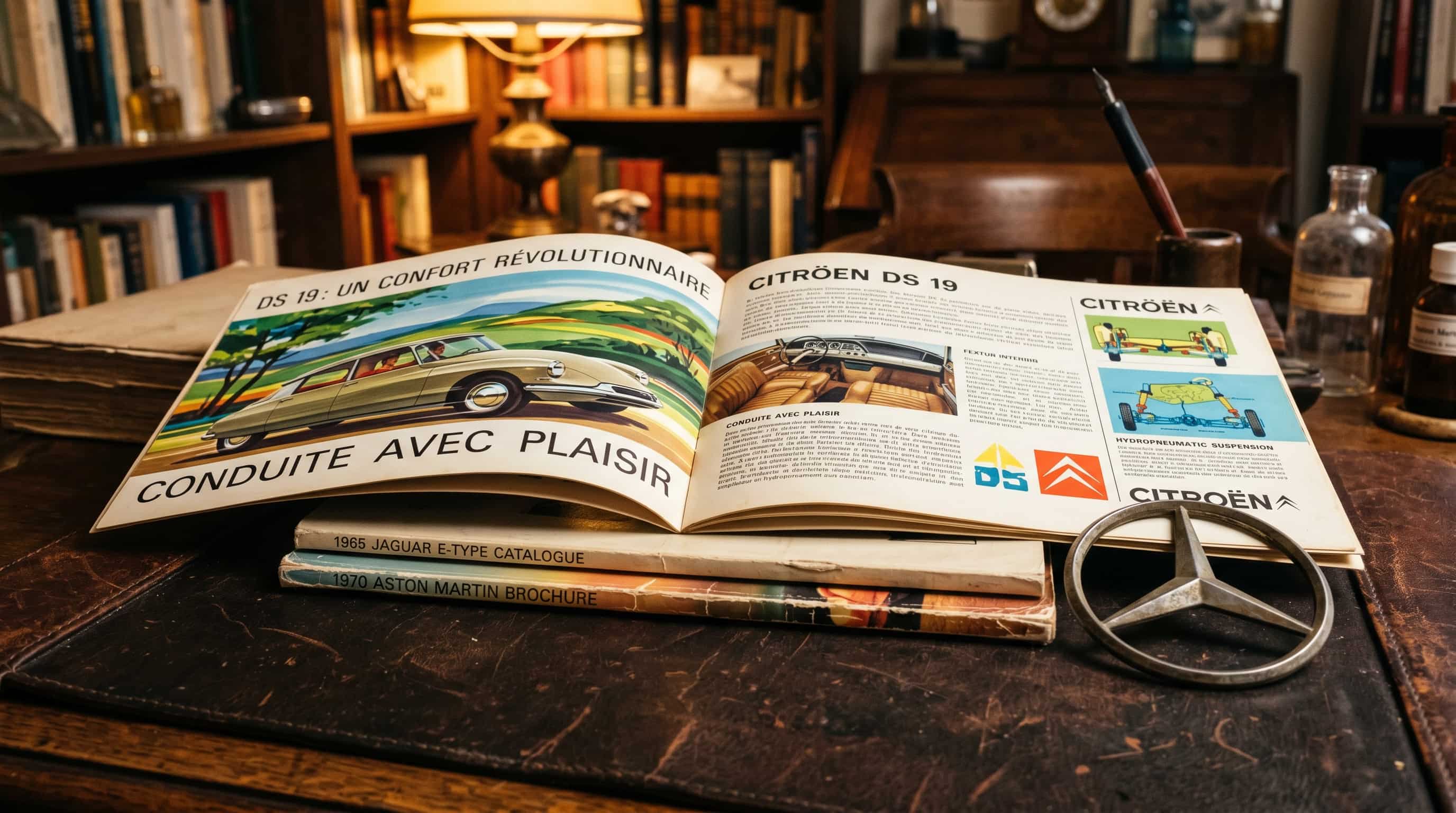 The quiet archive – collecting automotive print ephemera Stack of vintage car brochures including Citroën DS booklet, Mercedes star paperweight on a leather desk pad