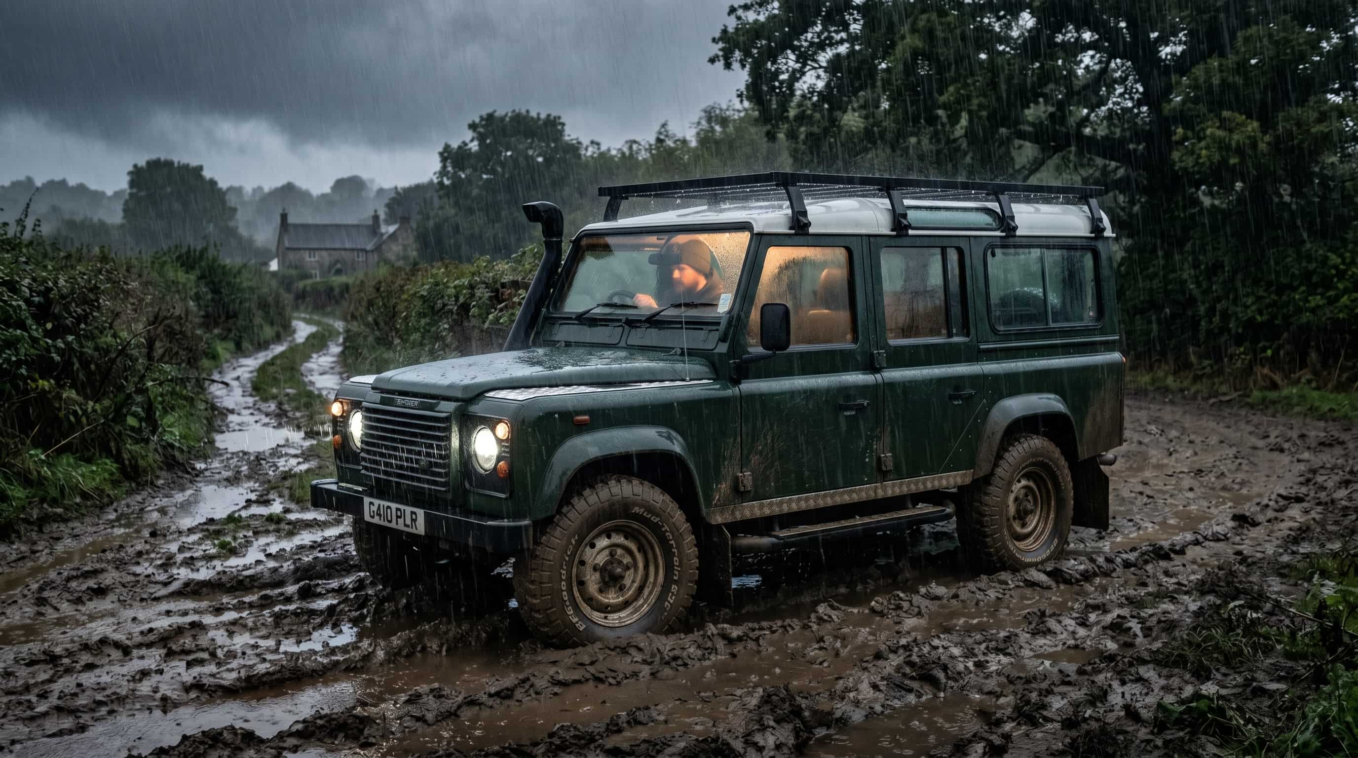 Shared suffering – Defender in the wet Land Rover Defender 110 in dark green parked on a muddy farm track in heavy rain, cabin light glowing