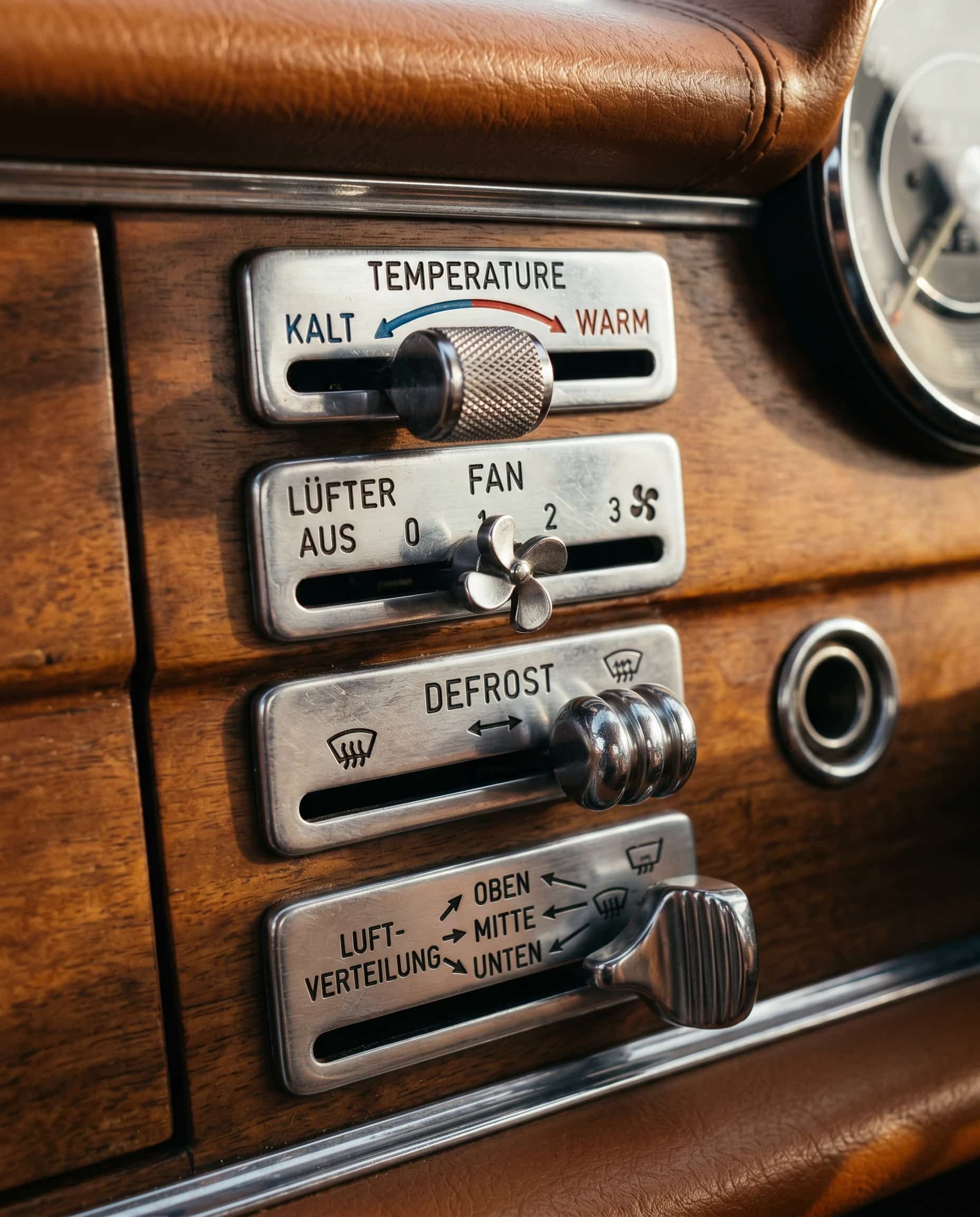 Close-up of milled metal climate control sliders in a 1960s Mercedes-Benz, engraved markings, matte wood dashboard