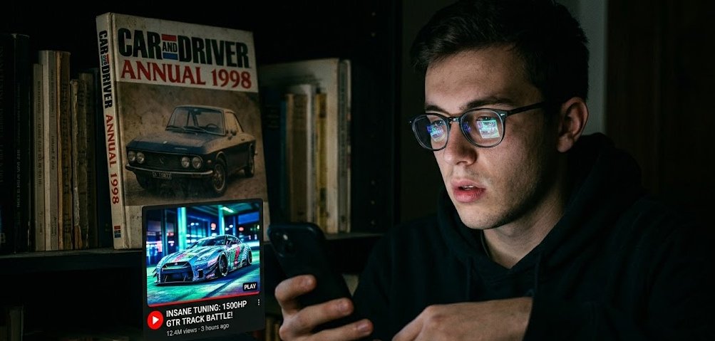 Consumption without absorption – social media and car desire Young man in darkened room lit only by phone screen showing a car video, blank expression, old automotive annual unopened on shelf behind