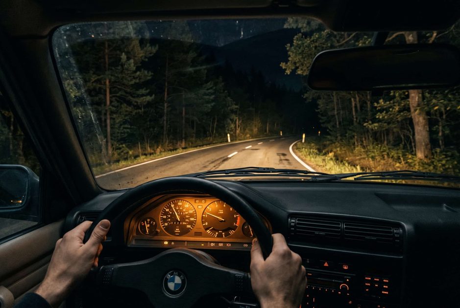 Driver's view from inside a car at night with amber dashboard glow and empty road ahead, no camera visible