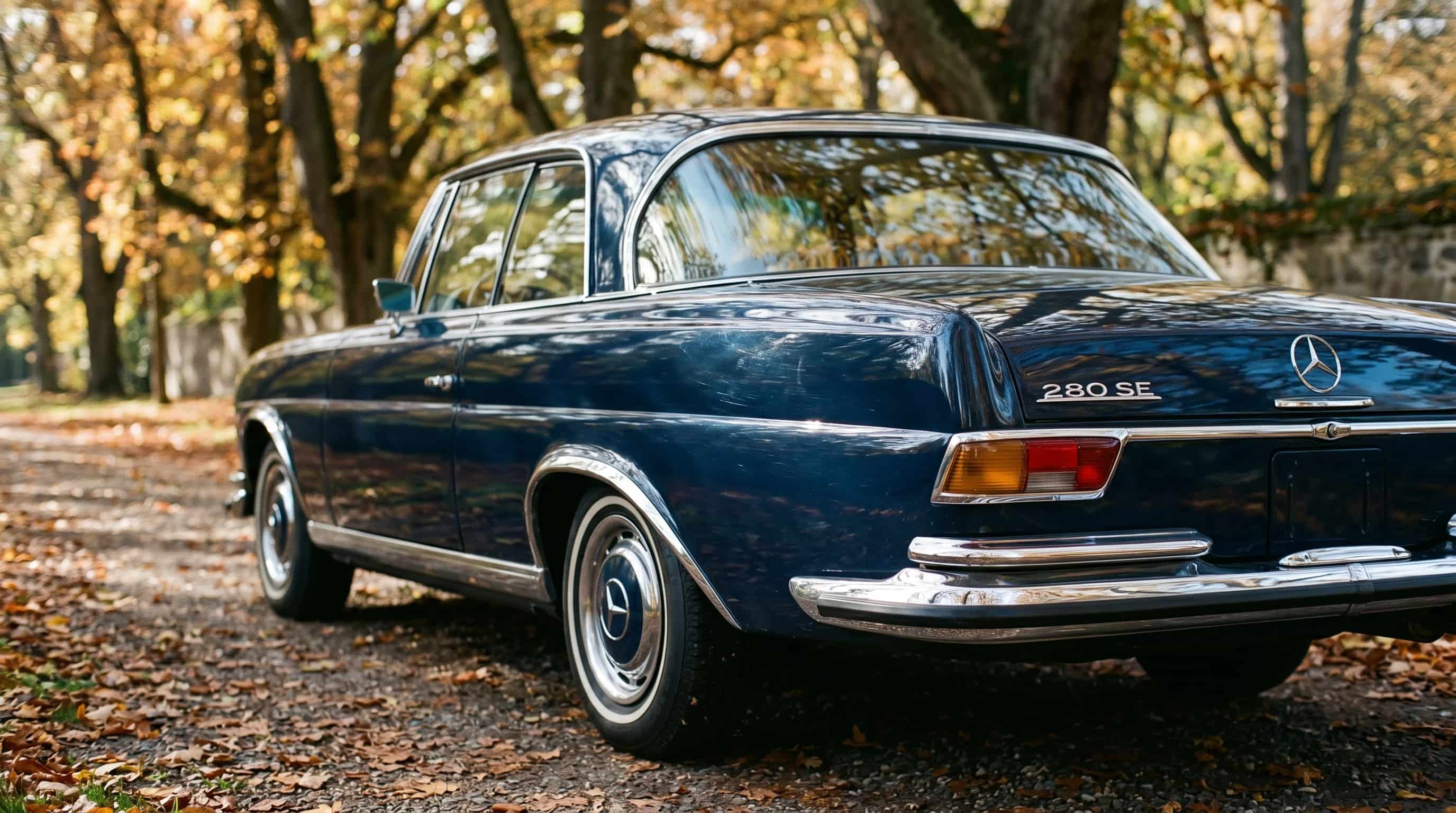 The trouser break – Mercedes W111 rear overhang balance Rear three-quarter detail of Mercedes-Benz W111 280SE coupe with modest taillights and clean bumper integration