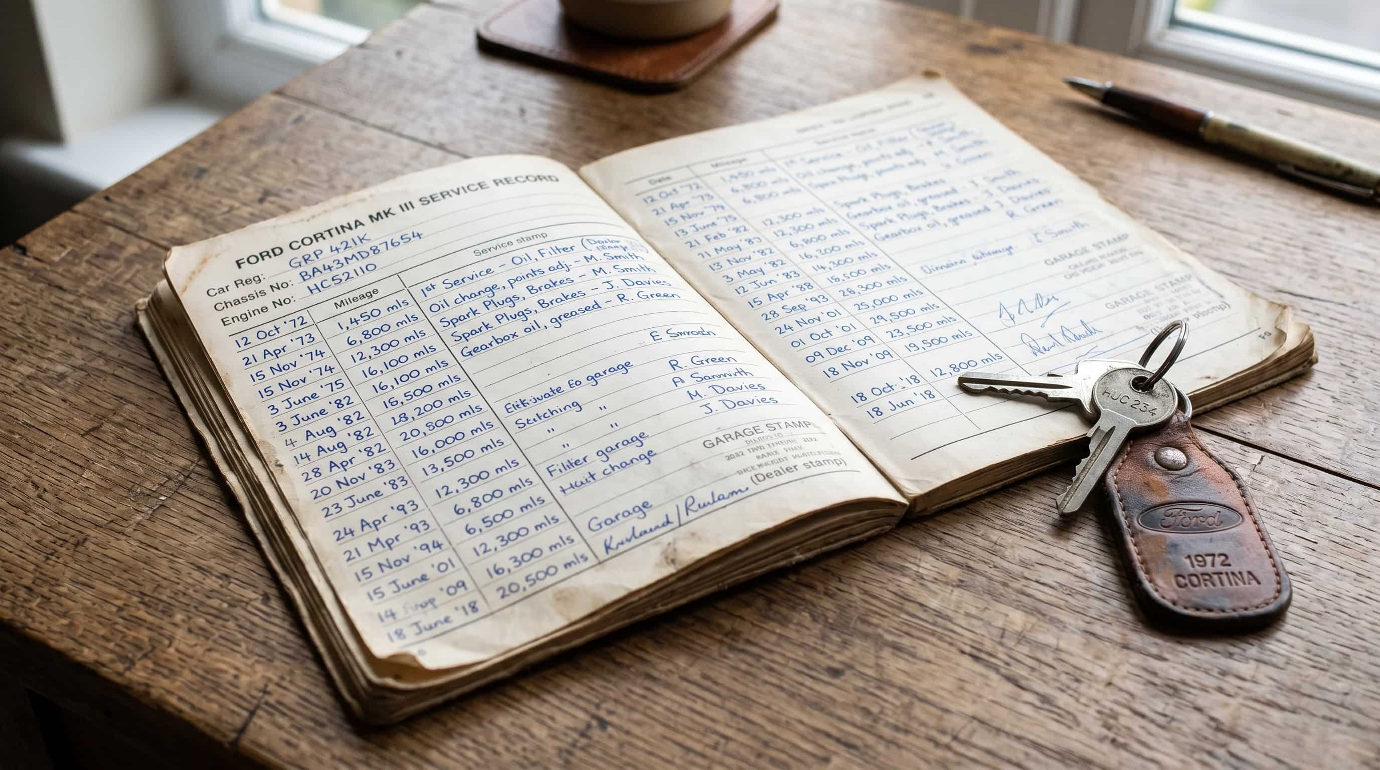 Custodianship – four decades of handwritten service records Open 1970s car service book with handwritten entries in blue ink spanning decades, original keys on leather fob