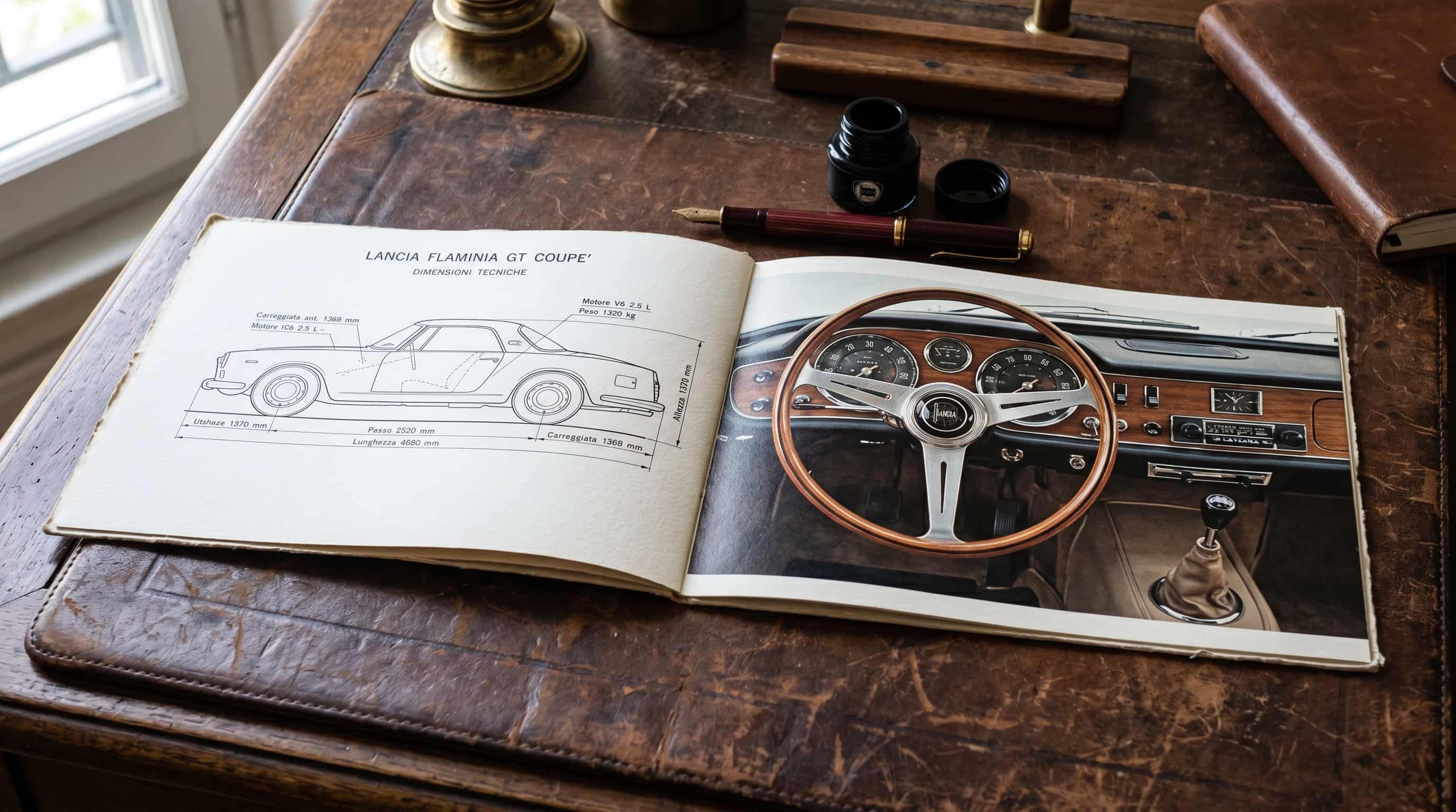 A document of confidence – Lancia Flaminia brochure detail Open 1960s Lancia Flaminia brochure on a leather blotter with line drawing and dashboard photograph, fountain pen beside it
