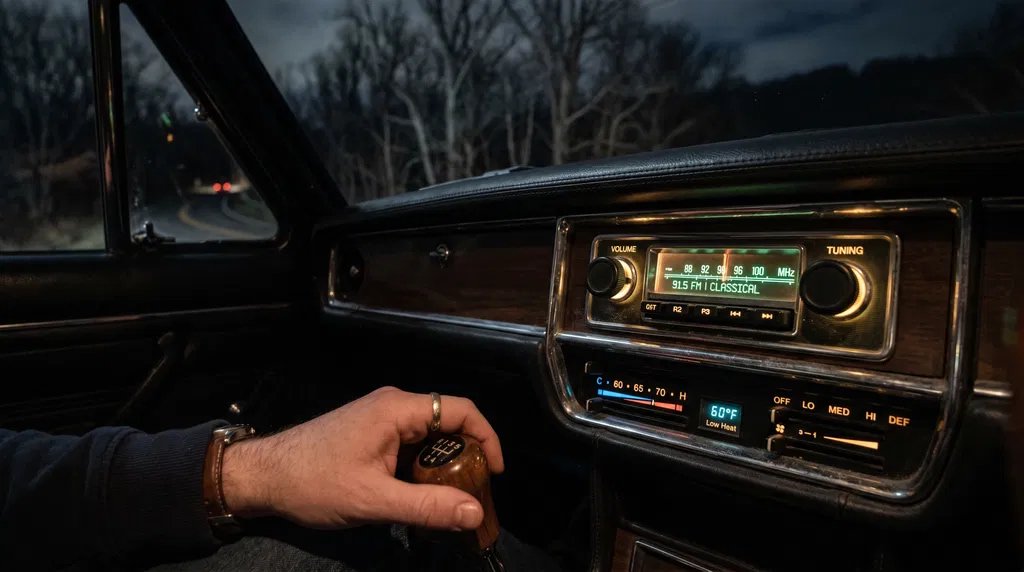 The listening room in motion – night dashboard and classical radio Car dashboard at night with radio tuned to a classical station, hand resting on shift knob