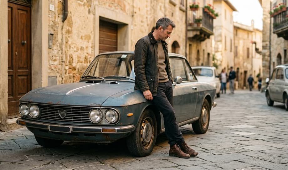 The man who chose well – Lancia Fulvia and its owner Man in waxed jacket and leather boots leaning against a patinated Lancia Fulvia coupe on an Italian street, quiet satisfaction