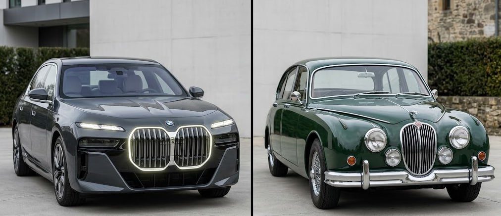Side-by-side comparison of 1961 Jaguar Mark II grille and oversized modern luxury grille