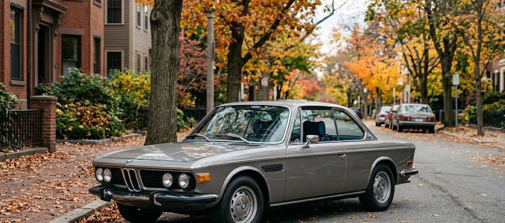 1970s BMW 3.0 CSi parked understated on a tree-lined Boston street in autumn